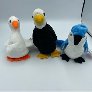 Lot of 3 Ty Beanie Babies Birds Blue Jay Rocket, Gracie Swan, Baldy Eagle Retire